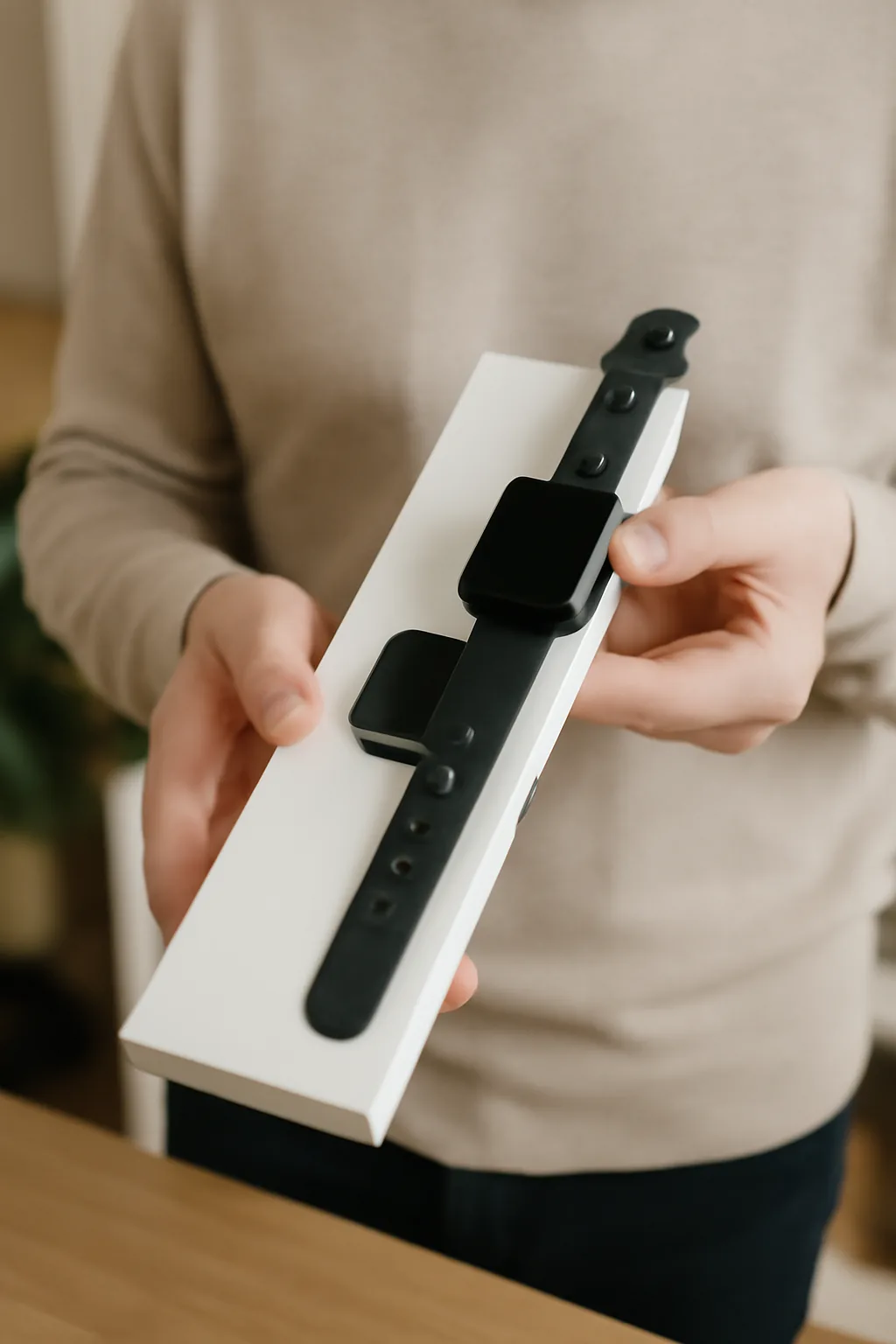 realistic photo of hands holding a smartwatch box